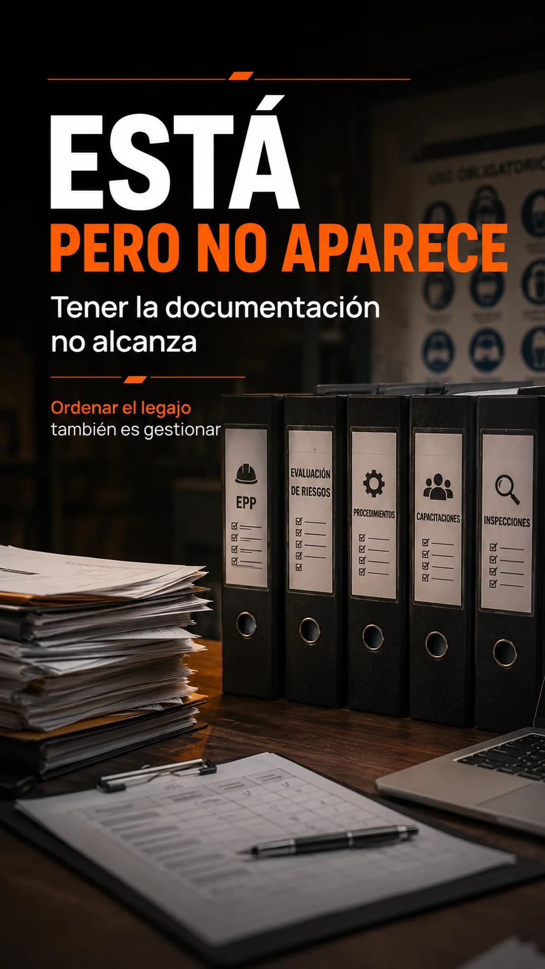 Carpetas y documentos organizados de Higiene y Seguridad para preparar una inspección.