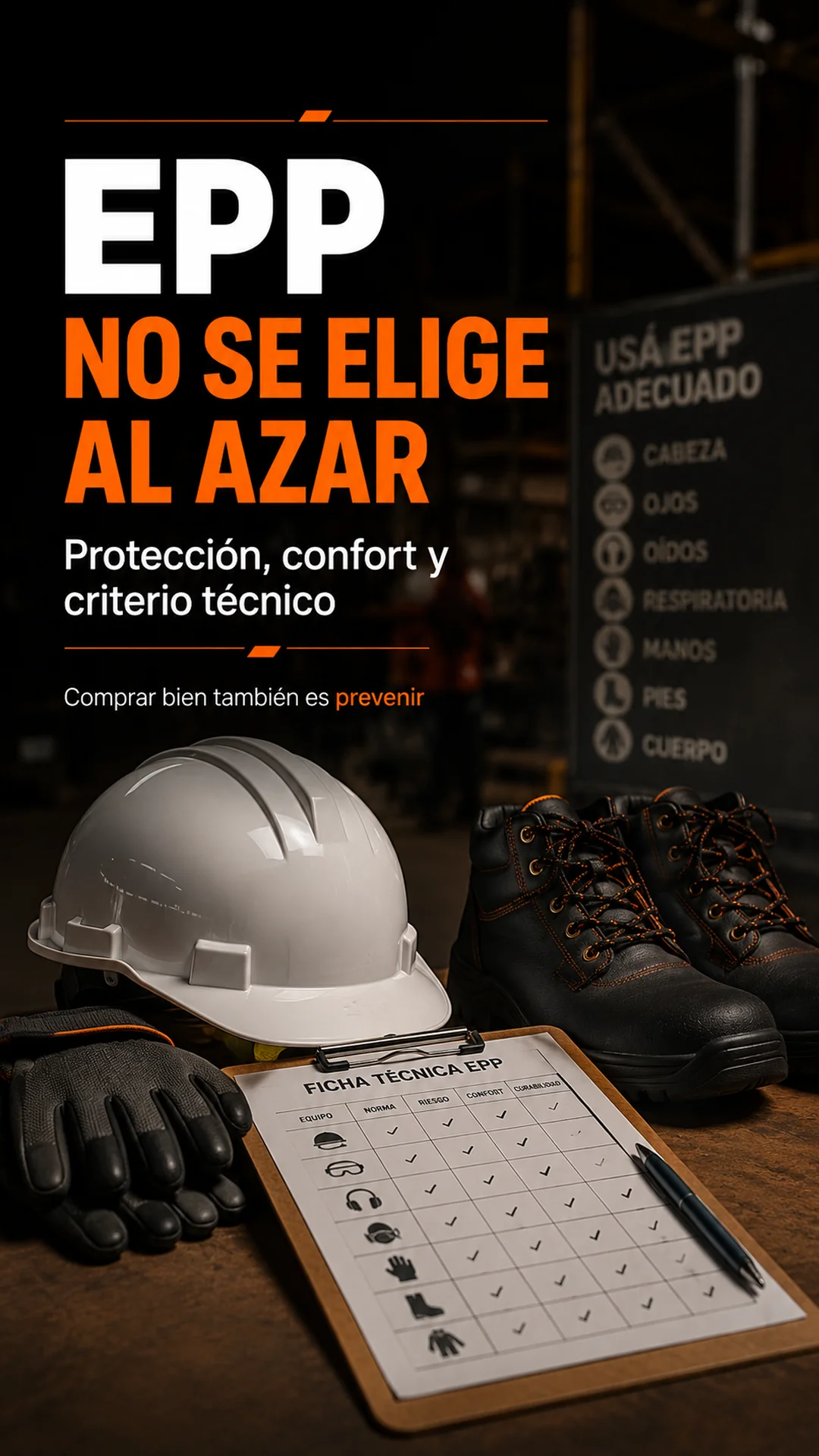 Elementos de protección personal con casco, guantes y calzado de seguridad para una compra técnica.