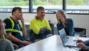 Trabajadores de L’Oréal conversando durante una charla de prevención en la Semana de la Seguridad.