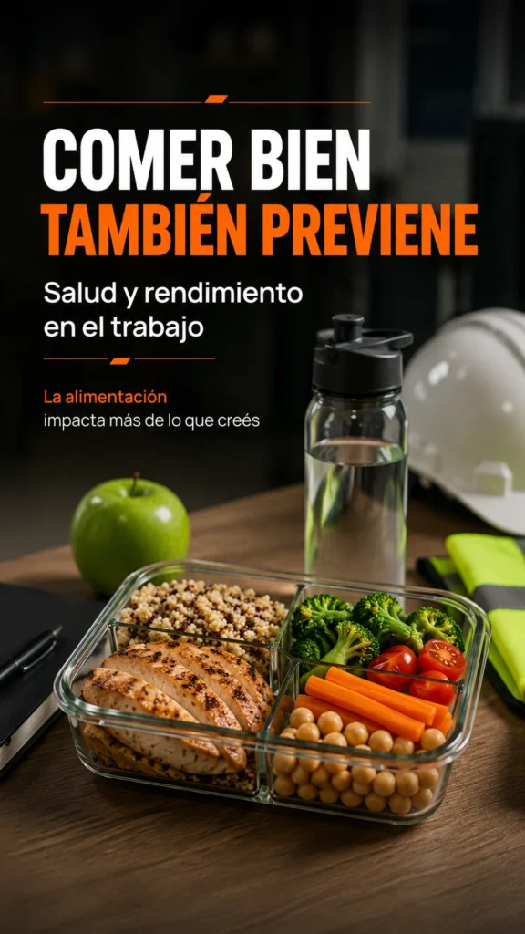 Trabajador con vianda saludable y elementos de seguridad en un entorno laboral.