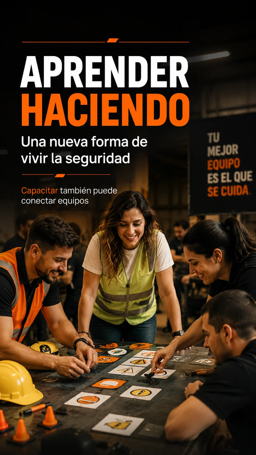 Equipo de trabajo participando en una actividad de seguridad con juegos y capacitación.