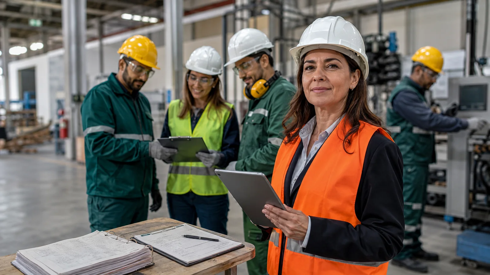 Equipo de trabajo en una planta industrial en una nota sobre el Sistema de Riesgos del Trabajo